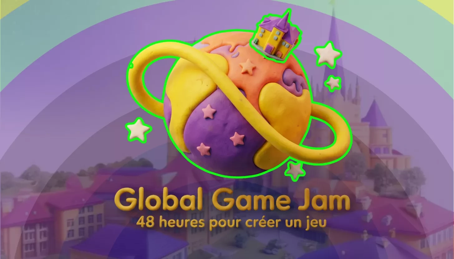 Affiche Global Game Jam : planète violette et orange à anneau jaune, étoiles, petite maison, fond château.