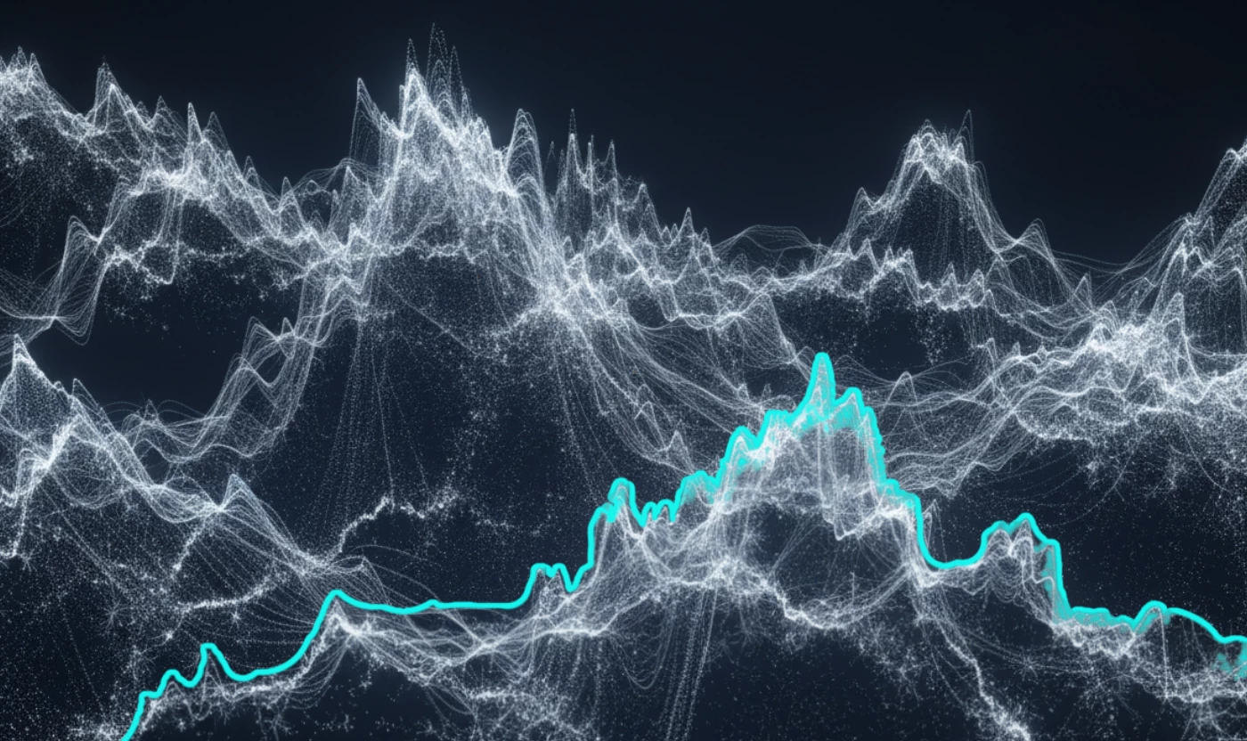 Visualisation abstraite de données numériques sous forme de lignes ondulées blanches et turquoise évoquant des flux d’information, des graphiques de données ou des paysages montagneux numériques sur fond sombre.