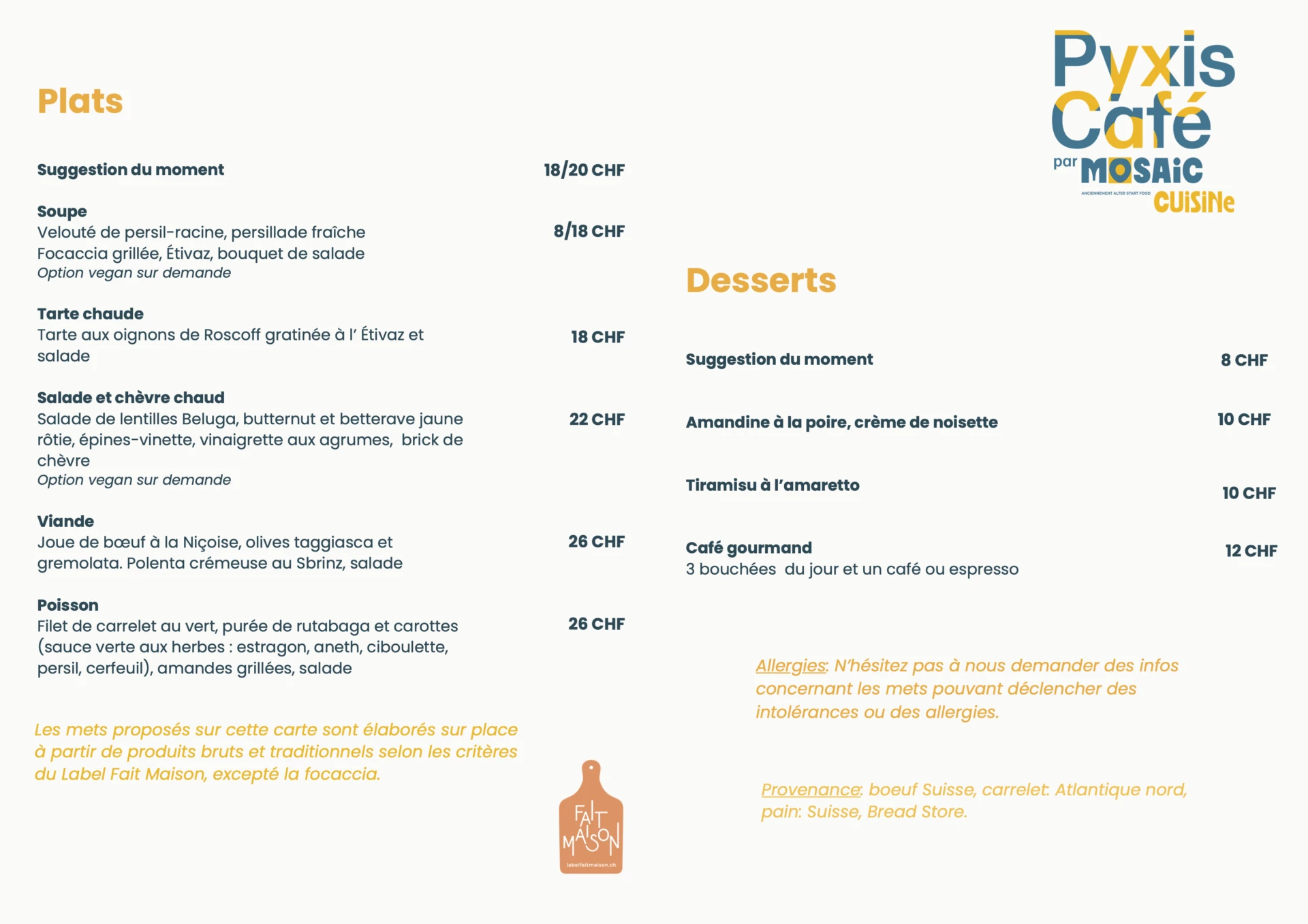 Carte de Menu de janvier Pyxis