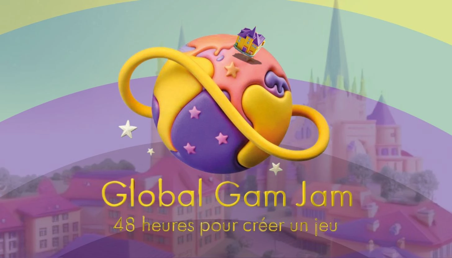 Affiche pastel : planète 3D rose-violet à anneaux jaunes, étoiles et petite maison; texte «Global Game Jam».